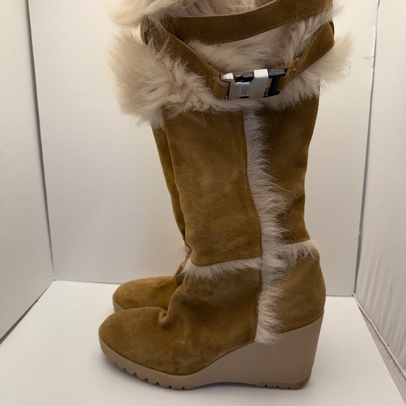 Coach Sharma Suede Shearling Camel Knee-High Wedge Boots Size 11B (Medium) Italy - Picture 1 of 16